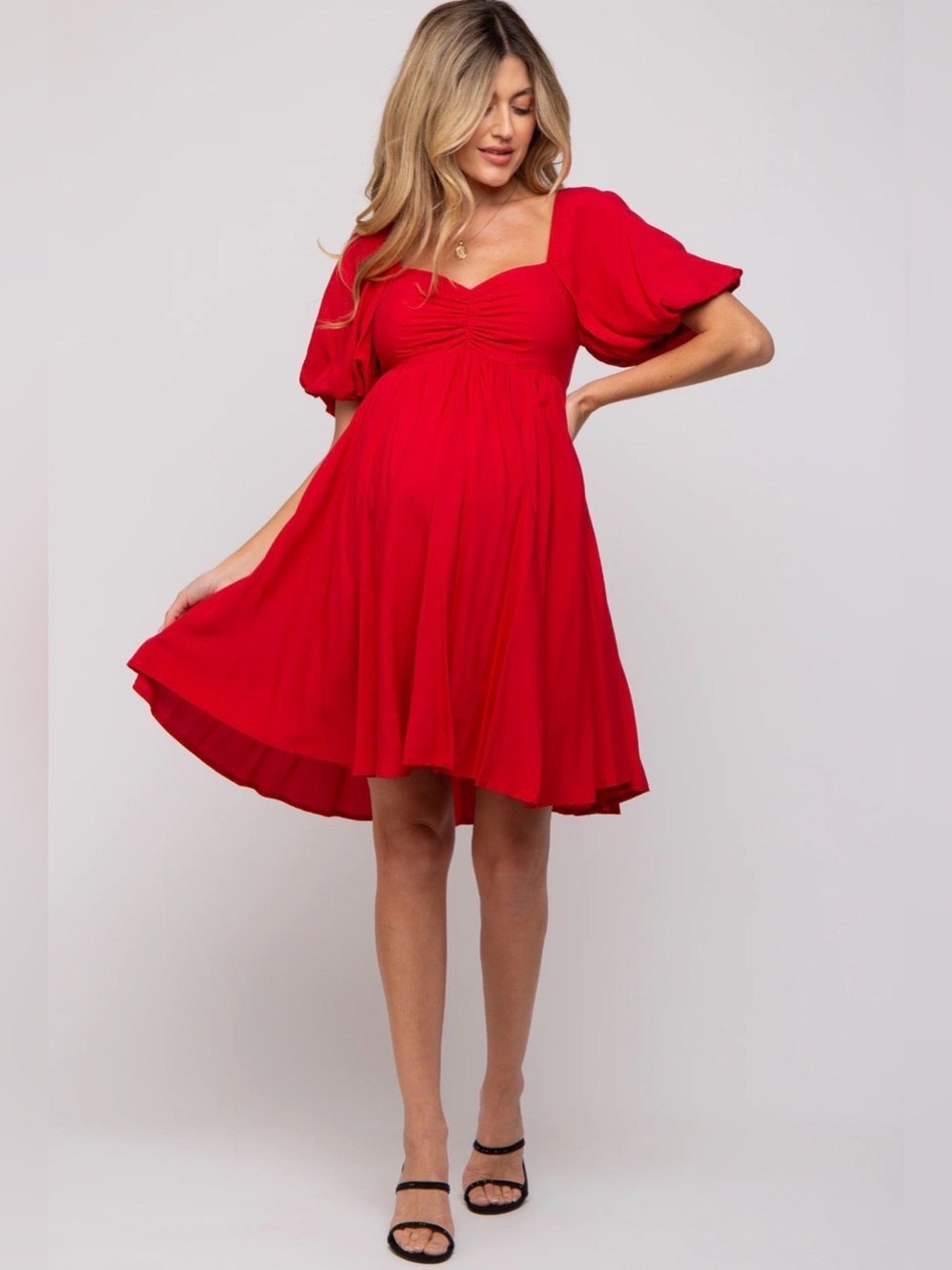 PinkBlush Red Puff-Sleeve A-Line Dress